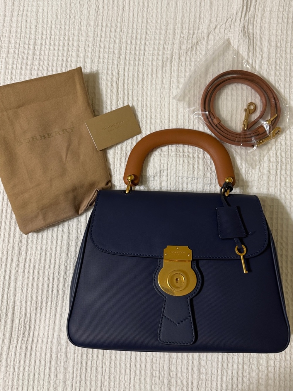 Burberry Navy Leather Satchel with Tan Handle and Gold Hardware
